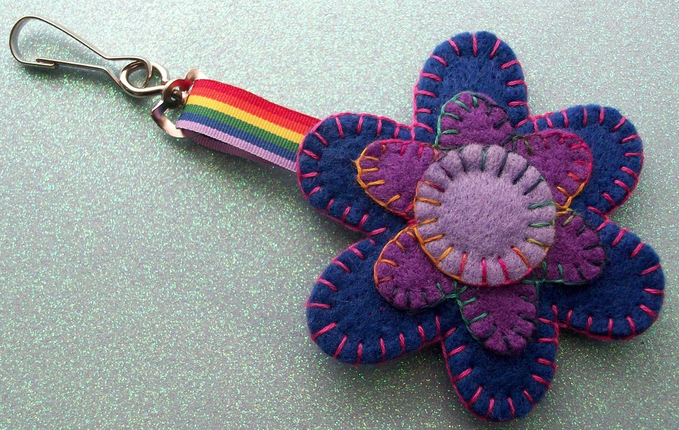 Hand Stitched Keyring/Bag Charm - Floral Dippy Hippy Theme - Mostly Blue