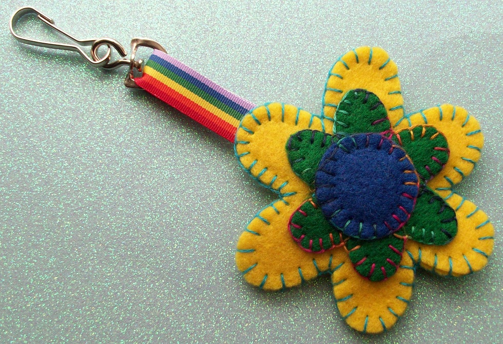 Hand Stitched Keyring/Bag Charm - Floral Dippy Hippy Theme - Mostly Yellow