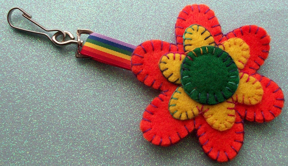 Hand Stitched Keyring/Bag Charm - Floral Dippy Hippy Theme - Mostly Orange